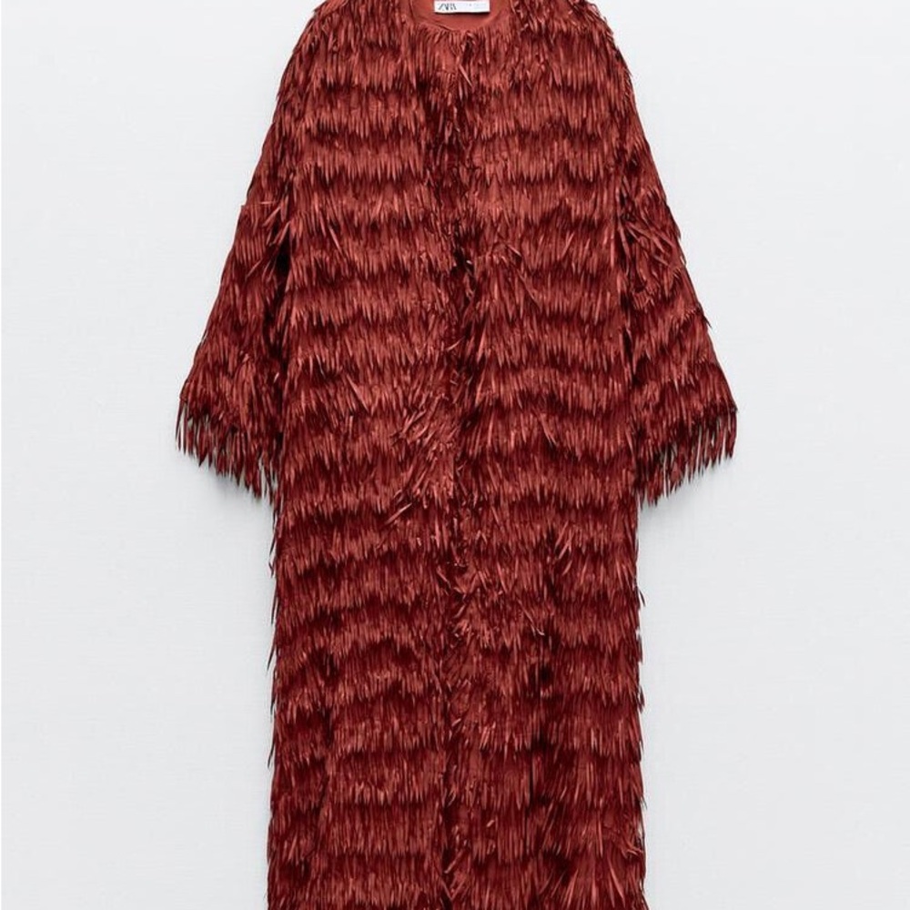 Zara Rust Red Textured Fringe Long Cape Coat - Picture 2 of 9